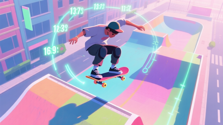 自动生成图片: A stylized, top-down view of a skateboarder mid-trick on a colorful urban course, with score multipliers and combo lines glowing in the air, soft pastel and neon glow color palette, digital art style high quality illustration, detailed, 16:9