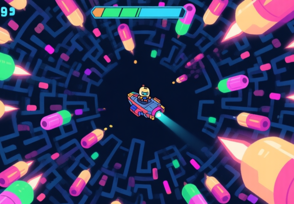 自动生成图片: A top-down view of a vibrant, chaotic bullet-hell game screen with a small player character ship surrounded by intricate patterns of colorful enemy bullets, soft neon glow, minimalist design high quality illustration, detailed, 16:9