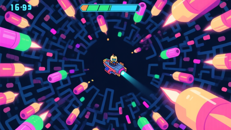 自动生成图片: A top-down view of a vibrant, chaotic bullet-hell game screen with a small player character ship surrounded by intricate patterns of colorful enemy bullets, soft neon glow, minimalist design high quality illustration, detailed, 16:9