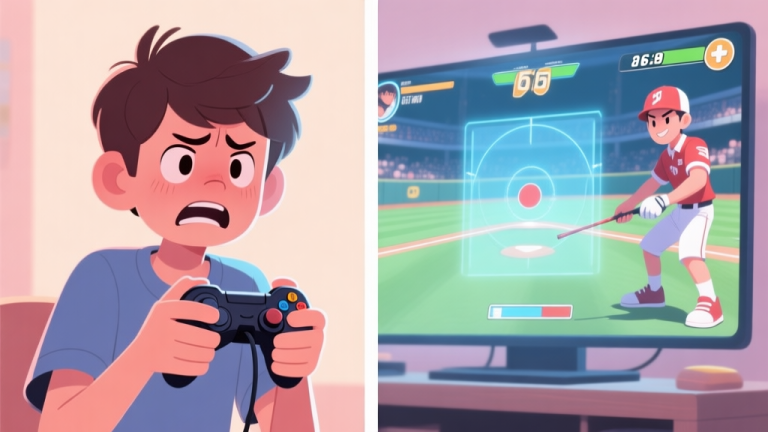自动生成图片: A split-screen image showing a frustrated young player holding a game controller on one side, and a confident player with a clear strike zone overlay on the game screen on the other, in a soft color palette high quality illustration, detailed, 16:9