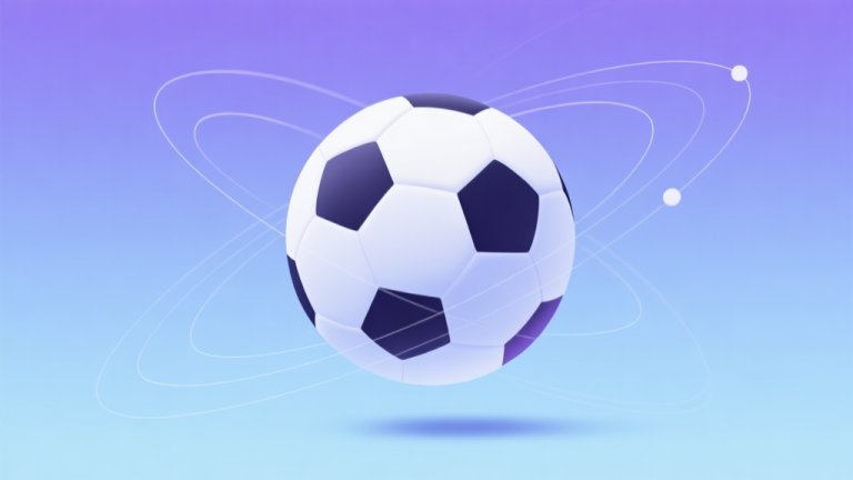 自动生成图片: A stylized, minimalist soccer ball floating in mid-air against a gradient background of soft blues and purples, with multiple faint, curved trajectory lines arcing around it in different directions, illustrating unpredictable physics high quality illustration, detailed, 16:9