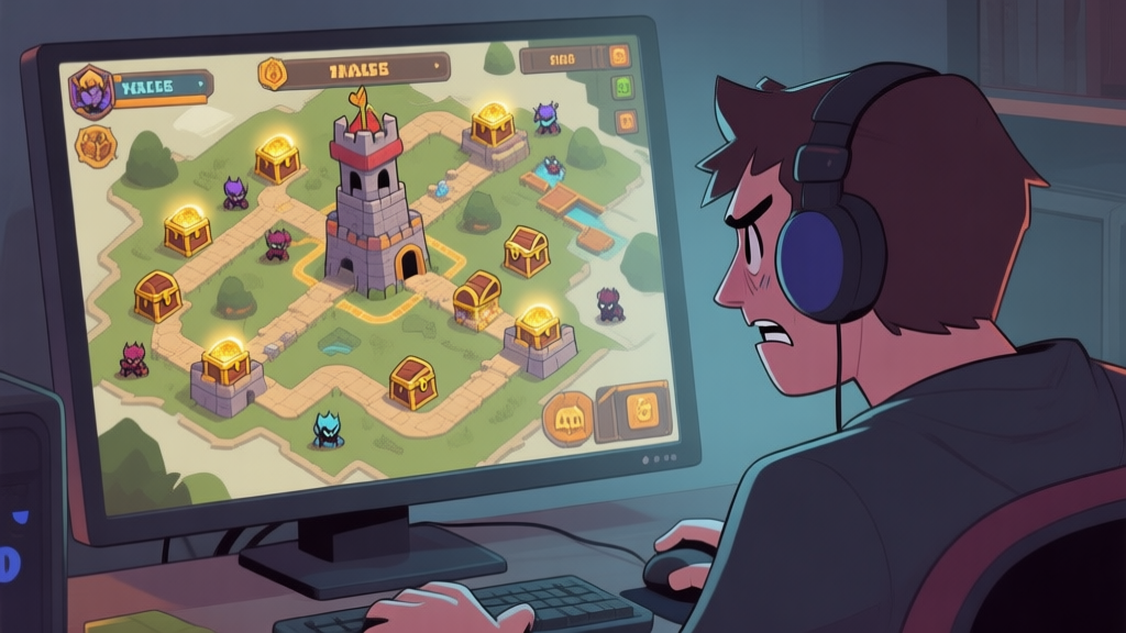 A frustrated gamer looking at a complex tower defense game map on a computer screen, with multiple enemy paths and cursed treasure chests glowing faintly, soft lighting, muted colors high quality illustration, detailed, 16:9