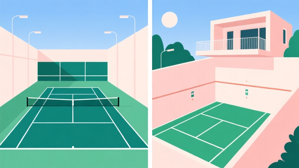 Split-screen illustration comparing a symmetric modern tennis court and an asymmetric real tennis court with walls and a penthouse, soft pastel colors, clean lines, infographic style high quality illustration, detailed, 16:9
