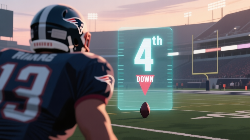A tense American football game scene viewed from behind the quarterback, showing the 4th down marker on a digital overlay, soft evening stadium lighting, muted colors, focused on the decision moment high quality illustration, detailed, 16:9