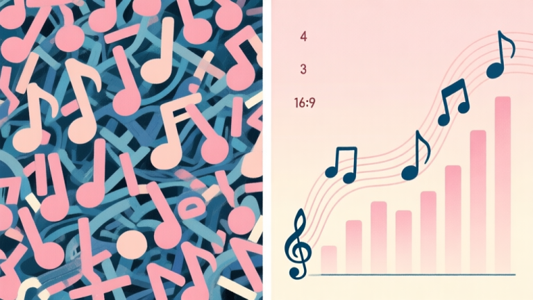 自动生成图片: A split-screen illustration showing a chaotic, messy tapping pattern on one side versus a rhythmic, organized, and flowing tap pattern with musical notes and rising score numbers on the other, in a soft pastel color scheme high quality illustration, detailed, 16:9