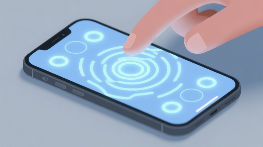 A minimalist, top-down view of a smartphone screen with soft-glow tap circles appearing in a complex rhythmic pattern, fingers poised above, in a calm blue and grey color scheme high quality illustration, detailed, 16:9