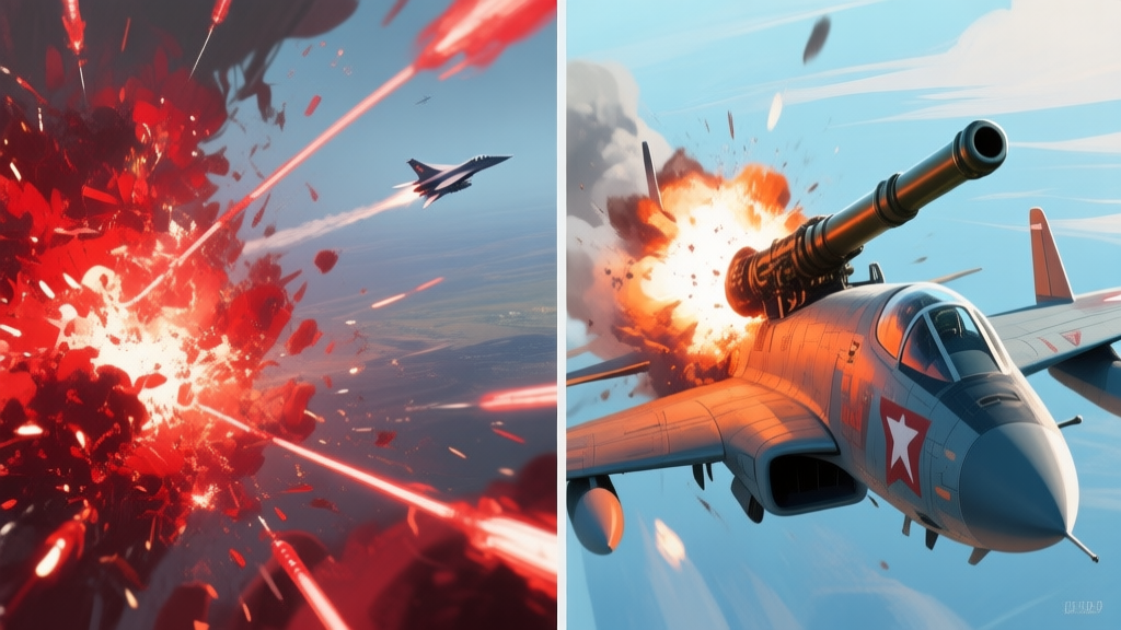 Split-screen comparison in a flight sim art style: left side shows chaotic red tracer fire missing a distant jet, right side shows a single precise cannon burst impacting an enemy aircraft's fuselage, soft blue and orange color palette high quality illustration, detailed, 16:9