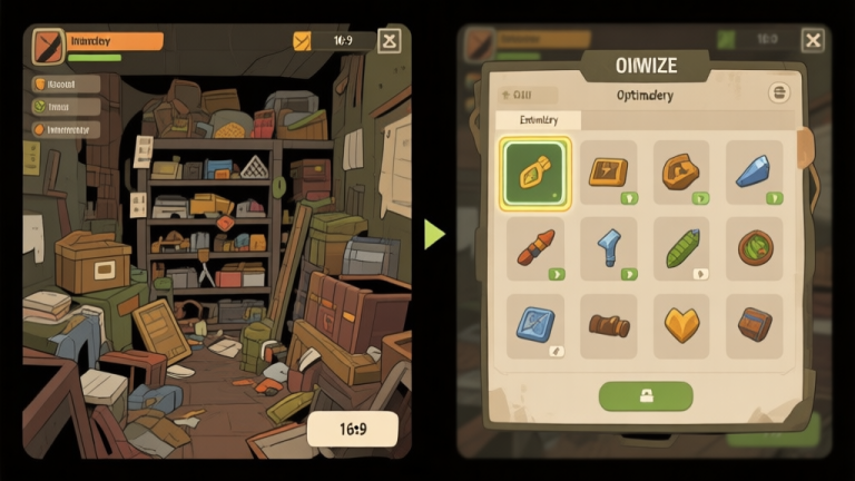 自动生成图片: Split-screen game scene showing a cluttered, disorganized inventory on the left versus a neatly organized, optimized inventory with highlighted essential items on the right, in a survival game UI style, muted earth tones high quality illustration, detailed, 16:9