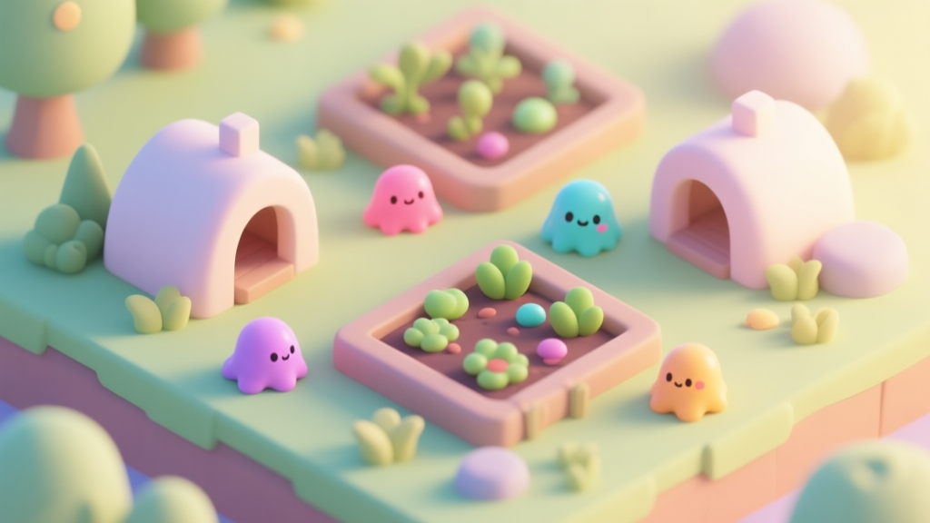 A cozy, isometric view of a beginner's Slime Buddies garden, with a few cute slimes of different colors wandering around simple habitats, soft morning light, pastel color palette high quality illustration, detailed, 16:9