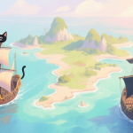 自动生成图片: A stylized, serene map of a fantasy archipelago with cat-eared pirate ships sailing on calm, pastel-colored seas, soft lighting, in a gentle watercolor painting style high quality illustration, detailed, 16:9