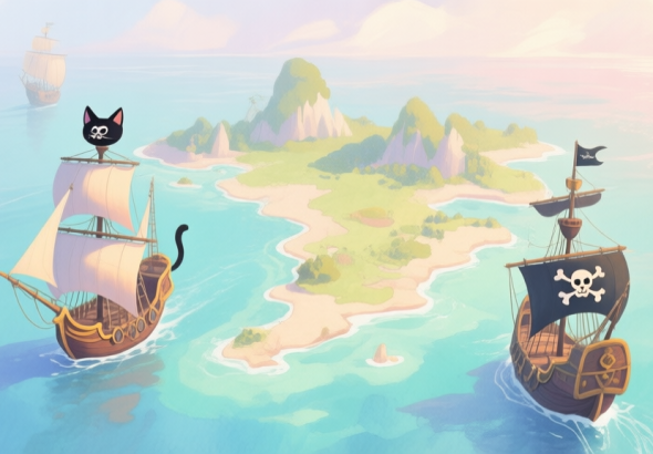自动生成图片: A stylized, serene map of a fantasy archipelago with cat-eared pirate ships sailing on calm, pastel-colored seas, soft lighting, in a gentle watercolor painting style high quality illustration, detailed, 16:9
