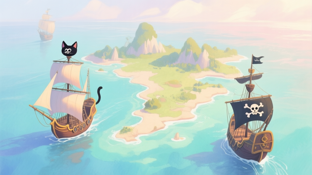 A stylized, serene map of a fantasy archipelago with cat-eared pirate ships sailing on calm, pastel-colored seas, soft lighting, in a gentle watercolor painting style high quality illustration, detailed, 16:9