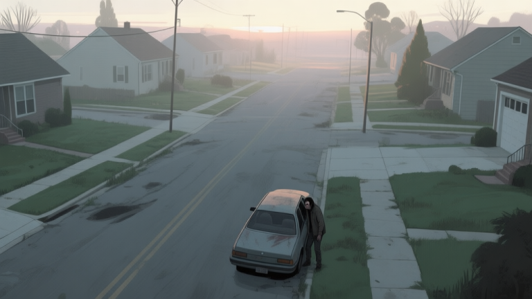 自动生成图片: A top-down view of a desolate suburban street at dawn, with a single survivor figure cautiously peering from behind a car, soft morning light, muted colors of grey and green, a sense of tension and isolation high quality illustration, detailed, 16:9
