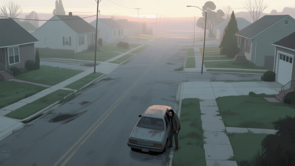 A top-down view of a desolate suburban street at dawn, with a single survivor figure cautiously peering from behind a car, soft morning light, muted colors of grey and green, a sense of tension and isolation high quality illustration, detailed, 16:9