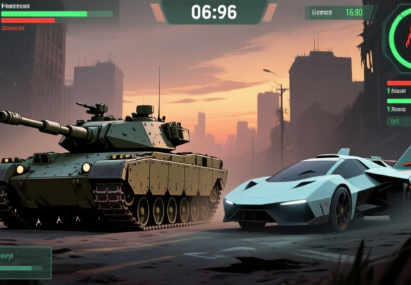自动生成图片: Side-by-side comparison of a heavy armored tank with thick plating and a light, fast attack vehicle, set against a dusk zombie apocalypse cityscape, muted colors, strategic game UI overlay showing health and damage stats high quality illustration, detailed, 16:9