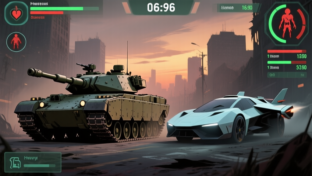 Side-by-side comparison of a heavy armored tank with thick plating and a light, fast attack vehicle, set against a dusk zombie apocalypse cityscape, muted colors, strategic game UI overlay showing health and damage stats high quality illustration, detailed, 16:9