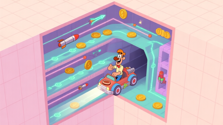 自动生成图片: A detailed, isometric cross-section view of the Jetpack Joyride tunnel, showing Barry Steakfries on a vehicle with layers of gameplay mechanics like coin magnet paths, zapper laser patterns, and missile trajectories, in a soft pastel color palette with subtle grid lines high quality illustration, detailed, 16:9