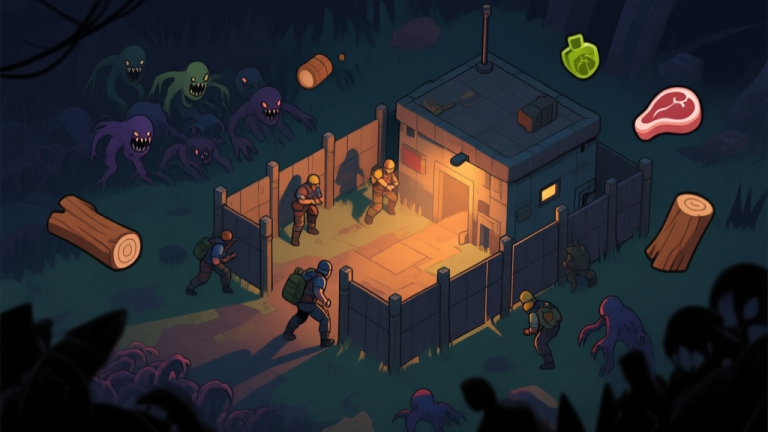 自动生成图片: A tense top-down view of a survival game scene during a night event, players defending a barricaded outpost against waves of creatures, with resource icons like meat and wood floating around, in a muted dark color palette with highlights of warm light high quality illustration, detailed, 16:9