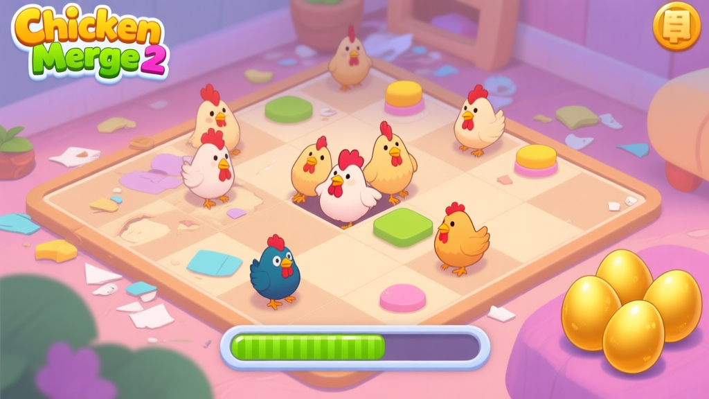 A vibrant, cozy game screenshot style of Chicken Merge 2, showing a slightly messy but organized game board with merging chickens about to combine, a progress bar nearly full, and a few golden eggs in the corner, soft pastel colors high quality illustration, detailed, 16:9