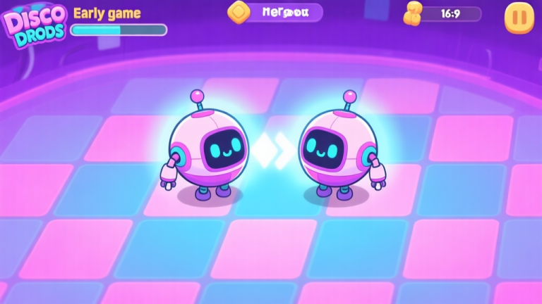 自动生成图片: A vibrant and inviting game screenshot style image of the Disco Droids early game interface. Show cute, round disco-themed robots on a grid, with a clear merge about to happen between two identical bots, creating a soft glow. Use a pastel color scheme with purples, pinks, and blues, avoiding overly sharp contrasts. high quality illustration, detailed, 16:9