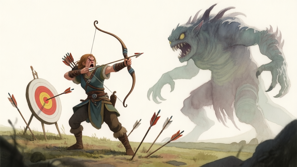 A frustrated fantasy archer missing their target, with arrows stuck in the ground and a large monster approaching, soft watercolor style, muted colors high quality illustration, detailed, 16:9