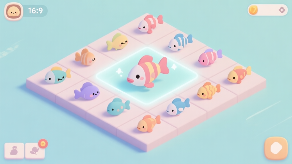A minimalist isometric game UI view showing a grid with various cute fish characters merging into larger ones, soft pastel color palette, clean lines, and subtle glow effects high quality illustration, detailed, 16:9