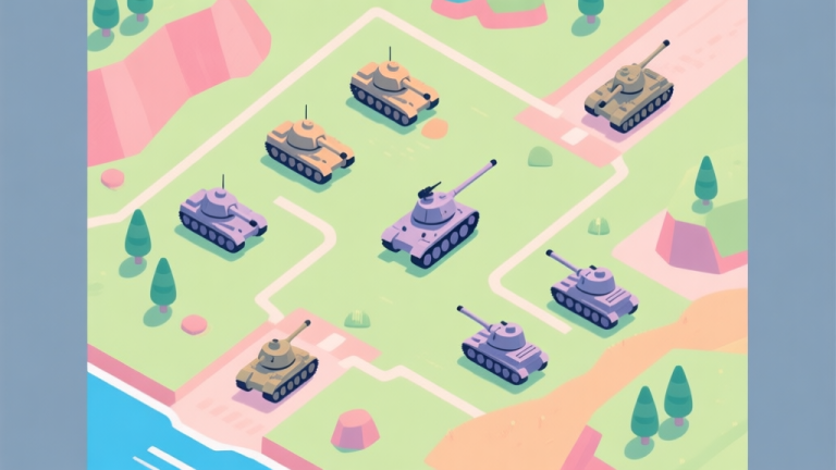 自动生成图片: A top-down minimalist view of a colorful battlefield in 'Just Tanks', showing strategic tank positions, flanking routes, and key terrain cover, soft pastel colors, clean lines high quality illustration, detailed, 16:9