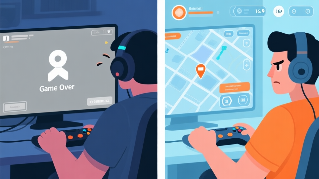 Split-screen illustration showing a frustrated gamer on the left with a grey game over screen, and a confident, strategic player on the right with a clear minimap and HUD, in a soft blue and orange color scheme high quality illustration, detailed, 16:9