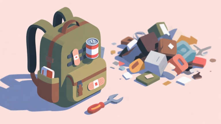 自动生成图片: A minimalist isometric view of a survivor's backpack with essential items like a can, bandage, and tool neatly organized, next to a chaotic pile of random junk, soft pastel background, flat design style high quality illustration, detailed, 16:9