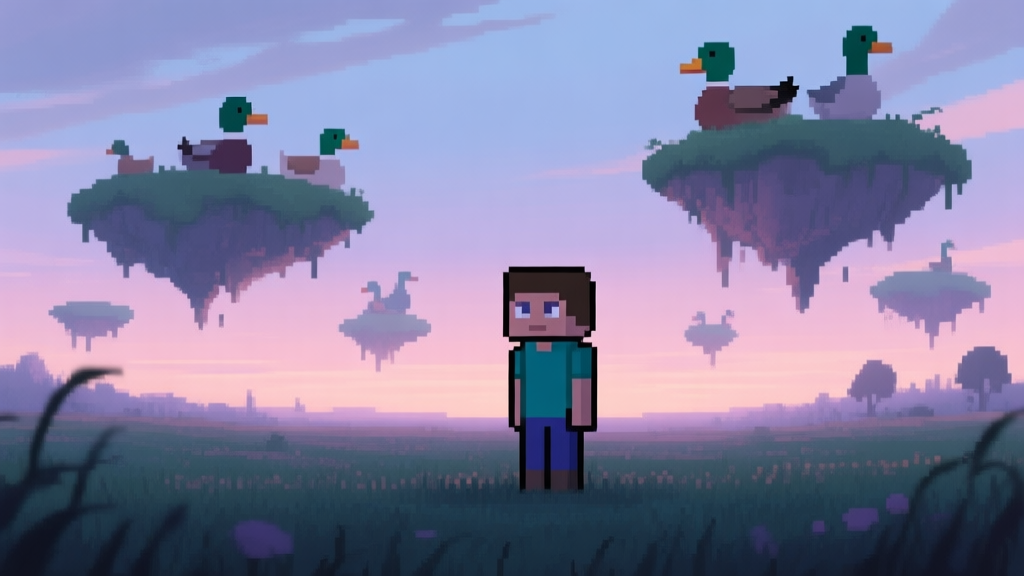 A lonely pixel-art character, Steve, standing in a surreal, twilight field with floating islands and oddly shaped ducks in the sky, soft pastel color palette, melancholic yet whimsical atmosphere high quality illustration, detailed, 16:9