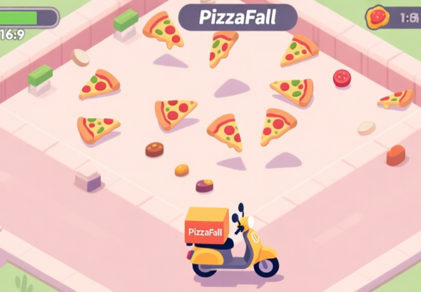 自动生成图片: A top-down view of a PizzaFall game level in progress, showing multiple falling pizzas, ingredient obstacles, and a delivery scooter at the bottom. Soft pastel color scheme with a clean, minimalist game UI aesthetic. high quality illustration, detailed, 16:9