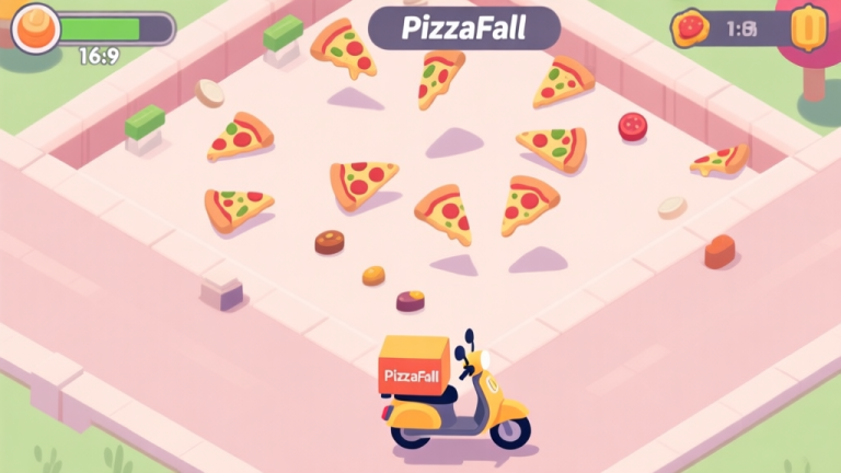 自动生成图片: A top-down view of a PizzaFall game level in progress, showing multiple falling pizzas, ingredient obstacles, and a delivery scooter at the bottom. Soft pastel color scheme with a clean, minimalist game UI aesthetic. high quality illustration, detailed, 16:9