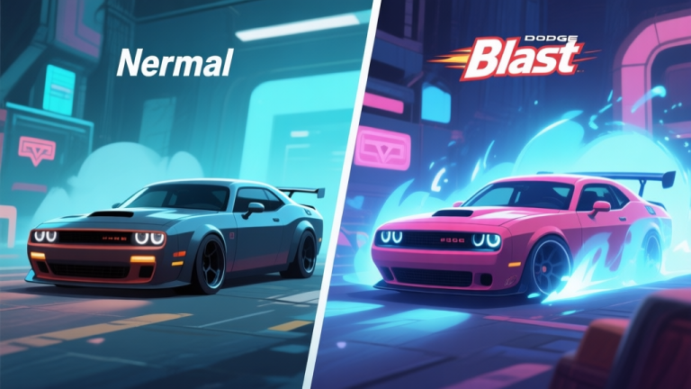 自动生成图片: Side-by-side comparison of a normal dodge and a Dodge Blast in a stylized game scene, showing visual effects difference, soft glow effects, cool color palette high quality illustration, detailed, 16:9