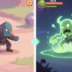 自动生成图片: A split-screen game scene showing a normal enemy on the left and a mutated, glowing version of the same enemy on the right, with subtle visual effects indicating a zone boundary, soft color palette high quality illustration, detailed, 16:9