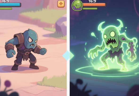 自动生成图片: A split-screen game scene showing a normal enemy on the left and a mutated, glowing version of the same enemy on the right, with subtle visual effects indicating a zone boundary, soft color palette high quality illustration, detailed, 16:9