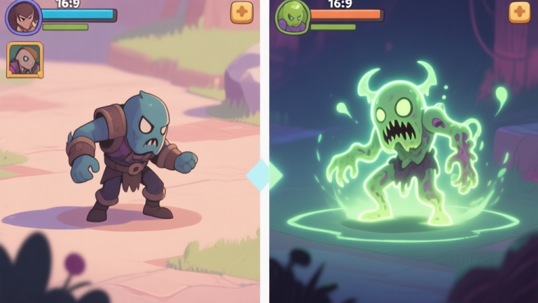 自动生成图片: A split-screen game scene showing a normal enemy on the left and a mutated, glowing version of the same enemy on the right, with subtle visual effects indicating a zone boundary, soft color palette high quality illustration, detailed, 16:9