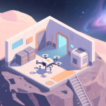 自动生成图片: A serene, isometric view of a small but organized space mining base on an asteroid, with a single mining drone at work, a storage pod, and a distant starry nebula in the background, soft pastel colors, digital painting style high quality illustration, detailed, 16:9