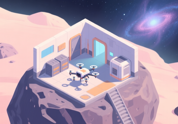 自动生成图片: A serene, isometric view of a small but organized space mining base on an asteroid, with a single mining drone at work, a storage pod, and a distant starry nebula in the background, soft pastel colors, digital painting style high quality illustration, detailed, 16:9
