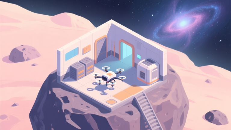 自动生成图片: A serene, isometric view of a small but organized space mining base on an asteroid, with a single mining drone at work, a storage pod, and a distant starry nebula in the background, soft pastel colors, digital painting style high quality illustration, detailed, 16:9