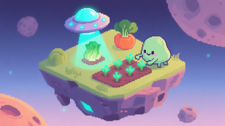 自动生成图片: A vibrant, whimsical isometric scene of an alien farm on a floating asteroid. A small UFO beams up a glowing, oddly-shaped vegetable while a cute, blob-like alien creature tends to a patch of bioluminescent plants. The art style is pixel-art inspired with a modern, clean twist and a soft color palette. high quality illustration, detailed, 16:9