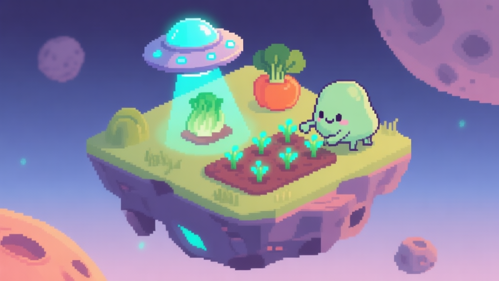 A vibrant, whimsical isometric scene of an alien farm on a floating asteroid. A small UFO beams up a glowing, oddly-shaped vegetable while a cute, blob-like alien creature tends to a patch of bioluminescent plants. The art style is pixel-art inspired with a modern, clean twist and a soft color palette. high quality illustration, detailed, 16:9