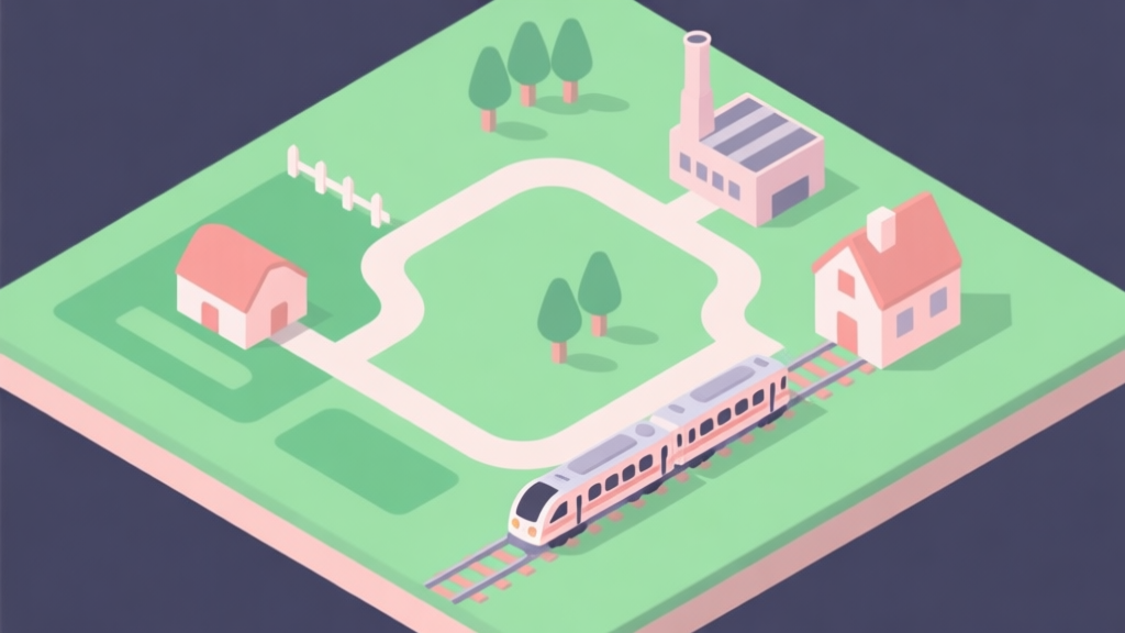 A minimalist isometric view of a simple train network on a green game map, showing a clean loop connecting a farm, a factory, and a town, with a single train moving, soft pastel colors, flat design style high quality illustration, detailed, 16:9