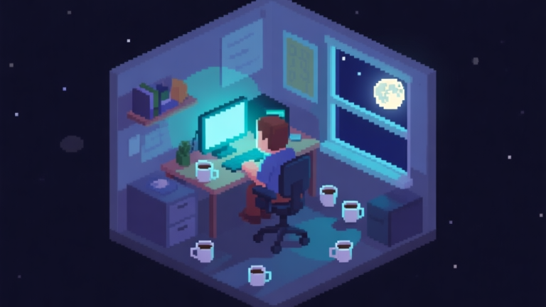 自动生成图片: A cozy, isometric pixel art scene of a game developer's office at night, with a single character at a desk illuminated by a monitor glow, empty coffee cups scattered around, soft moonlight coming through a window high quality illustration, detailed, 16:9