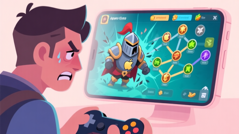 自动生成图片: A frustrated mobile gamer looking at a defeated Apple Knight character on a phone screen, with a chaotic skill tree interface in the background, in a soft pastel color palette high quality illustration, detailed, 16:9