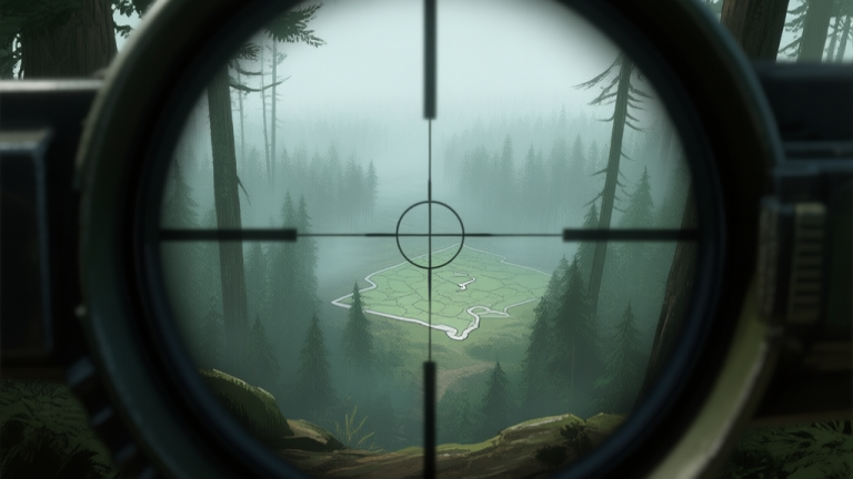 自动生成图片: A sniper's eye view from a hidden elevated position in a dense, misty forest map, overlooking a key chokepoint below, with the crosshair subtly visible, rendered in a realistic game art style with muted greens and greys high quality illustration, detailed, 16:9