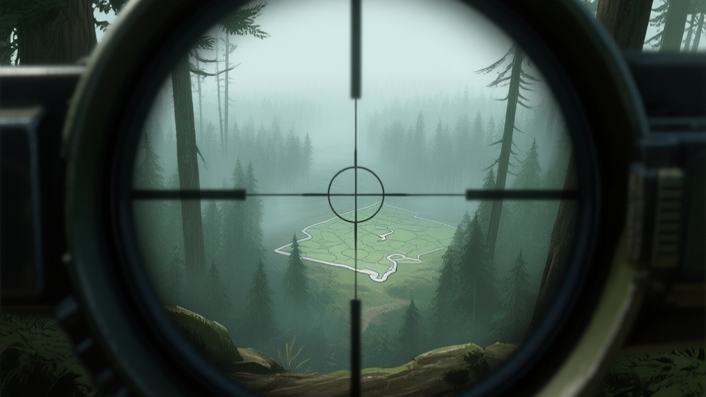 A sniper's eye view from a hidden elevated position in a dense, misty forest map, overlooking a key chokepoint below, with the crosshair subtly visible, rendered in a realistic game art style with muted greens and greys high quality illustration, detailed, 16:9