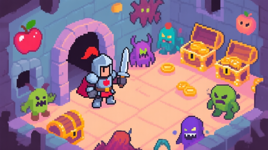 A vibrant, top-down pixel art view of a mini dungeon in Apple Knight, showing a knight character at the entrance, various enemy types inside, and treasure chests in the background, soft color palette high quality illustration, detailed, 16:9