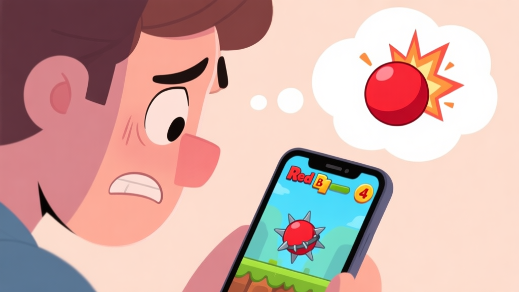 A frustrated player looking at a smartphone screen showing a Red Ball 4 level with a spike trap, with a thought bubble showing a red ball exploding, in a casual cartoon style with soft colors high quality illustration, detailed, 16:9