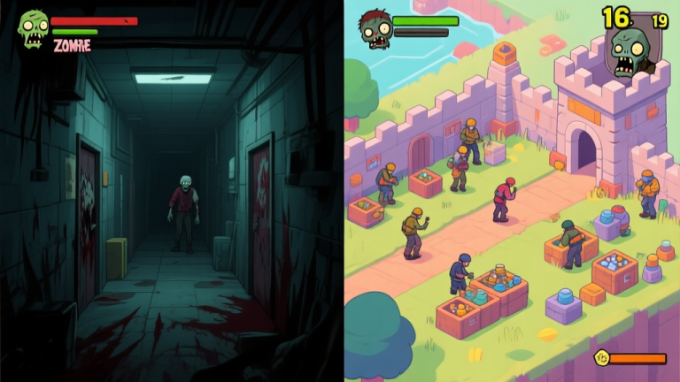自动生成图片: A split-screen image showing contrasting zombie game genres: one side is dark, tense survival horror in a claustrophobic corridor; the other side is a vibrant, top-down view of a fortified base with survivors managing resources, soft color palette high quality illustration, detailed, 16:9