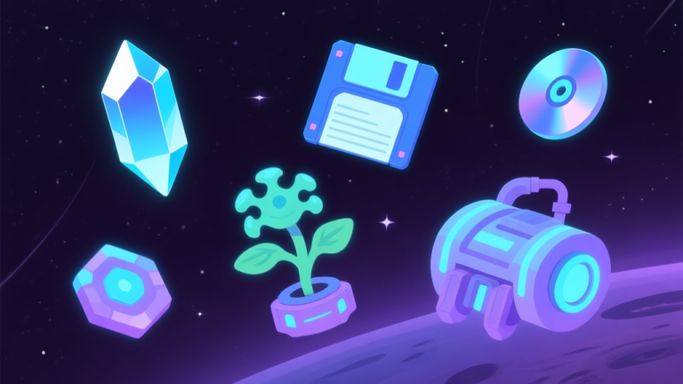 自动生成图片: A collection of various glowing sci-fi game items floating against a starry space background, including a crystal, a data disk, a strange plant, and a piece of machinery, soft neon blues and purples, minimalist design high quality illustration, detailed, 16:9